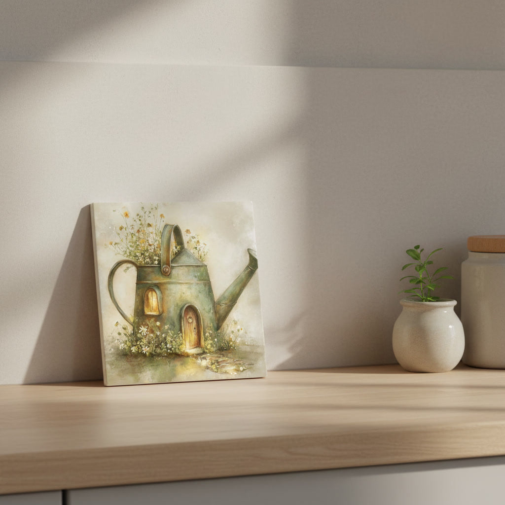 Watering Can Cottage Ceramic Tile – Whimsical Fairy Village Garden Cottage Storybook Art