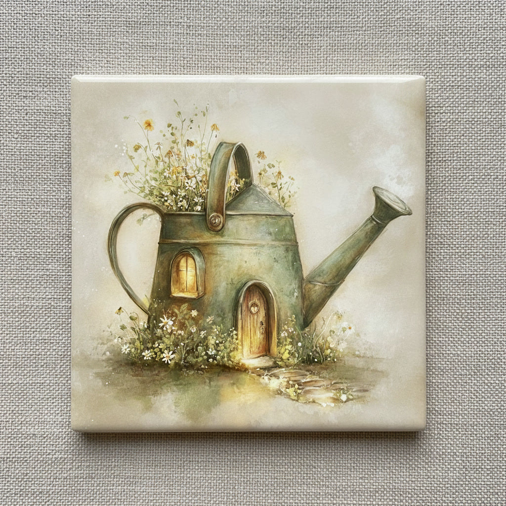 Watering Can Cottage Ceramic Tile – Whimsical Fairy Village Garden Cottage Storybook Art