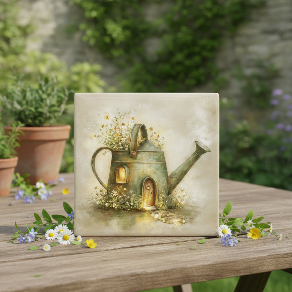 Watering Can Cottage Ceramic Tile – Whimsical Fairy Village Garden Cottage Storybook Art