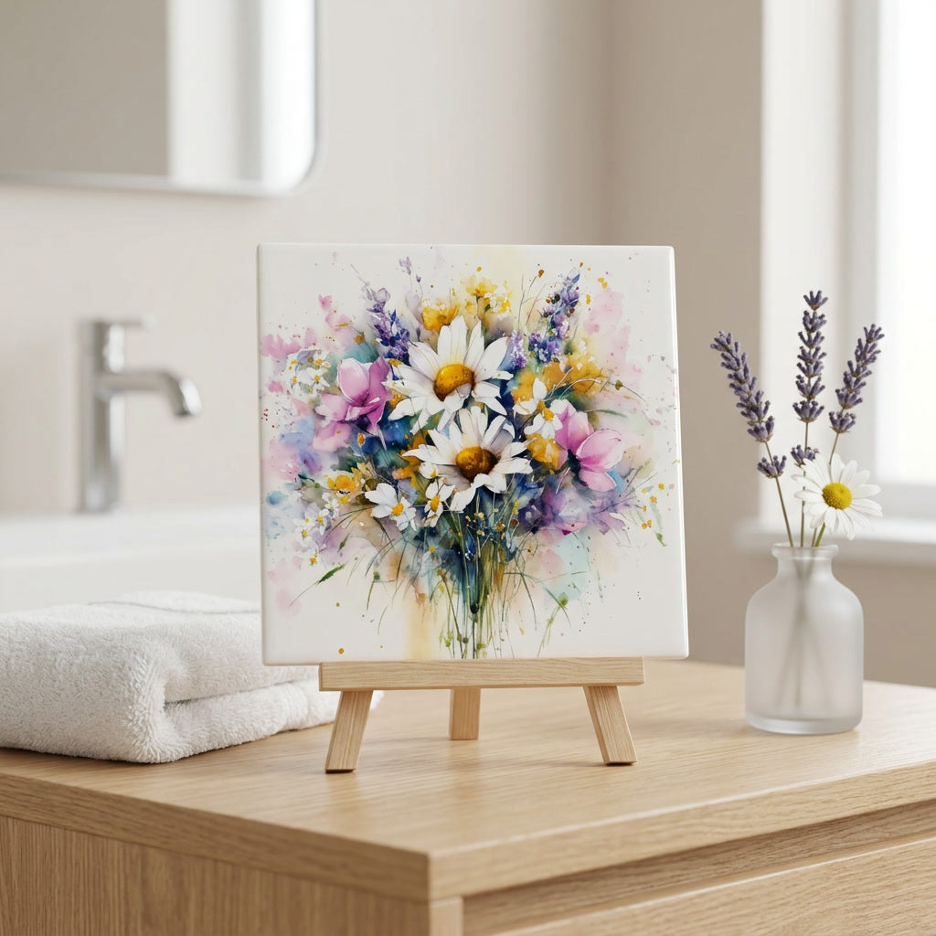 Watercolor Style Wildflower Ceramic Tile, Cottage Garden Floral Decor