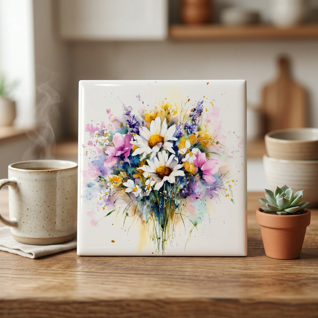 Watercolor Style Wildflower Ceramic Tile, Cottage Garden Floral Decor