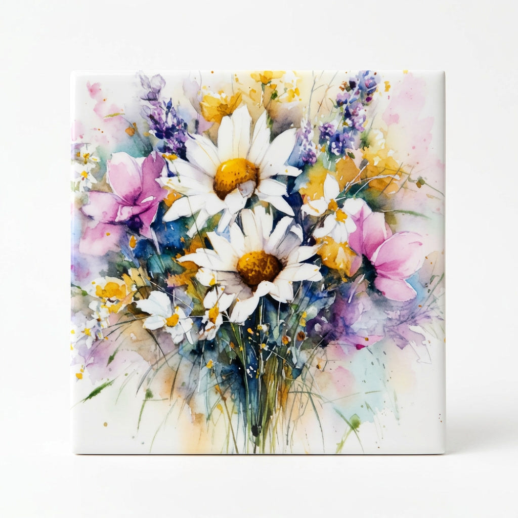 Watercolor Style Wildflower Ceramic Tile, Cottage Garden Floral Decor