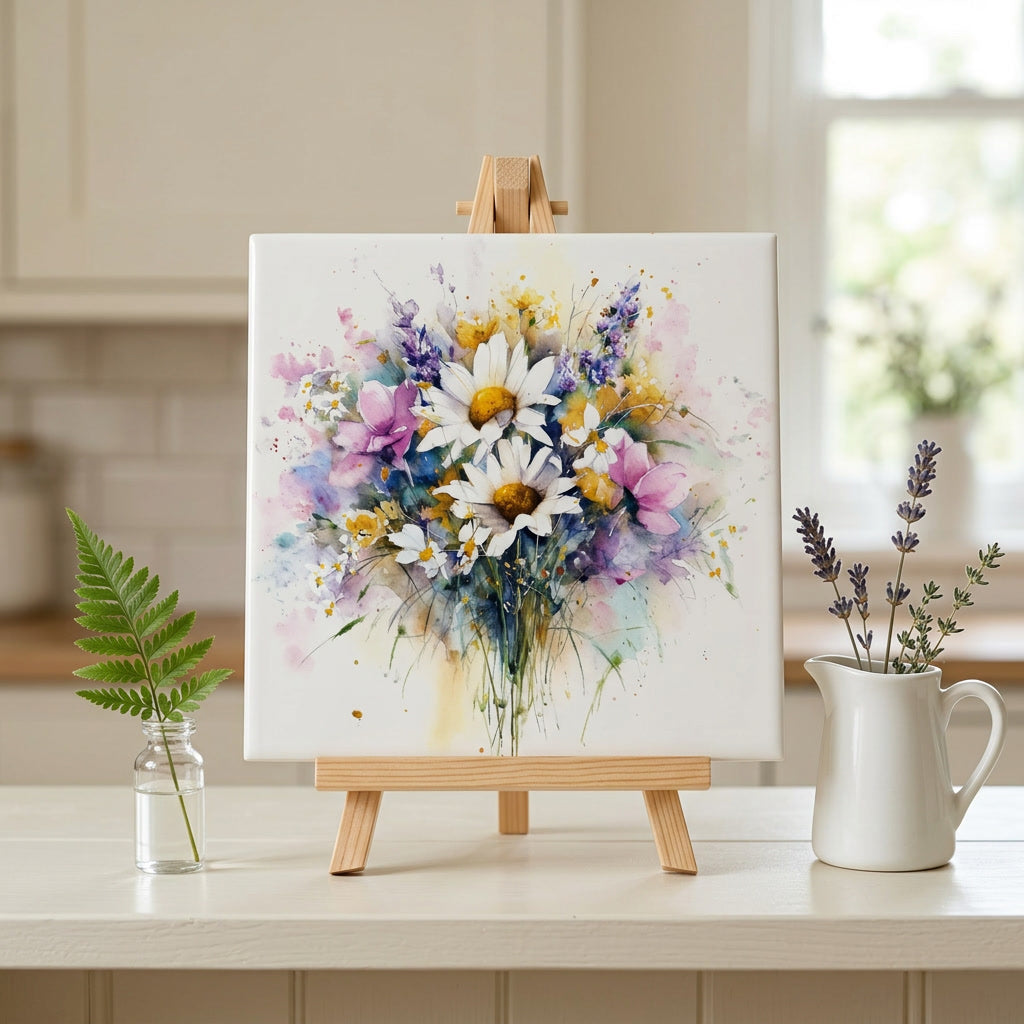 Watercolor Style Wildflower Ceramic Tile, Cottage Garden Floral Decor